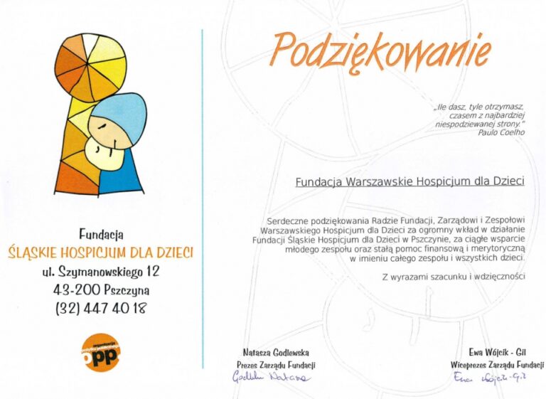 Podziękowanie od Śląskiego Hospicjum dla Dzieci - zdjęcie nr 1